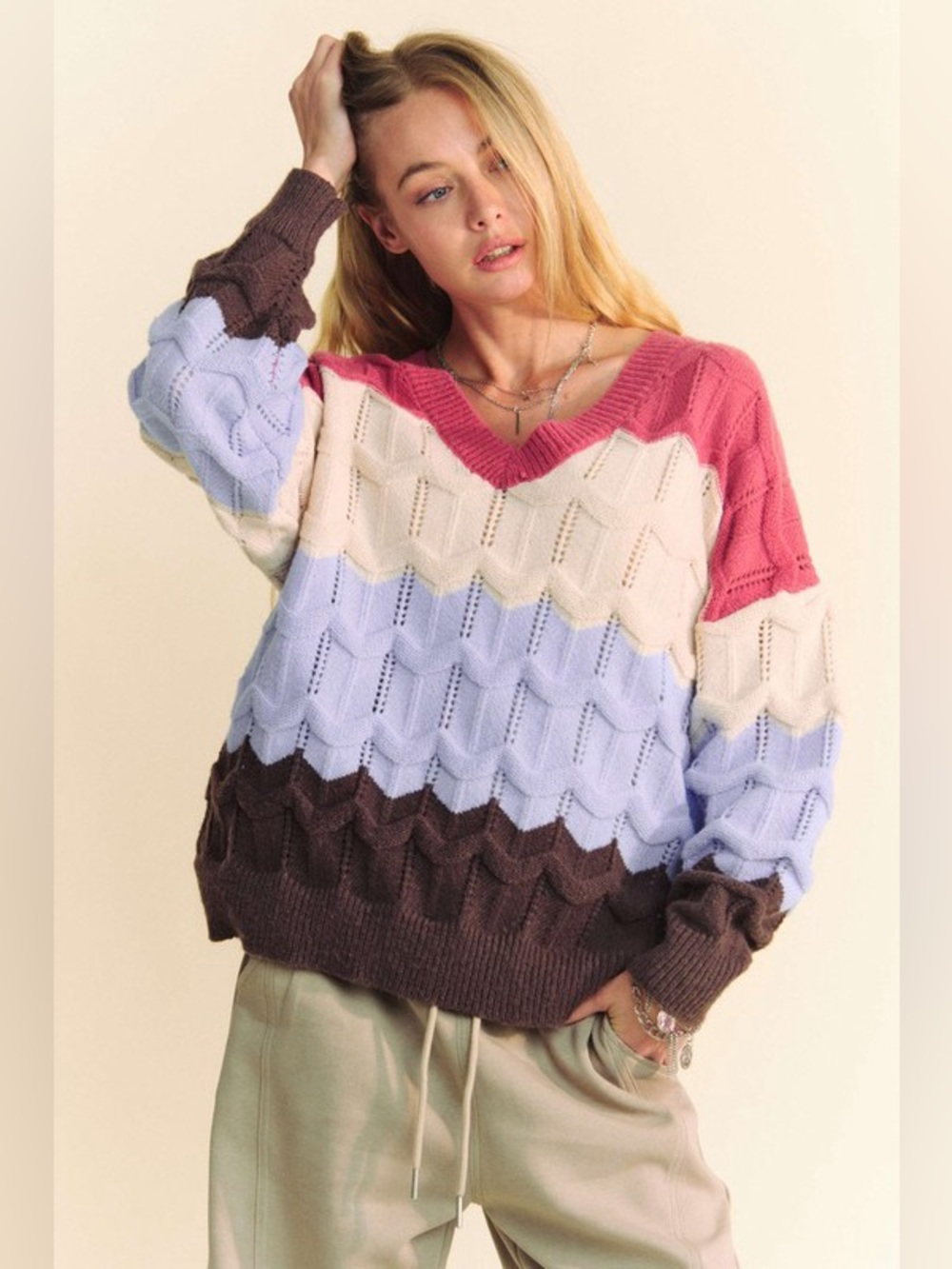 Davi & Dani Wavy Texture Color Block V-Neck Sweater